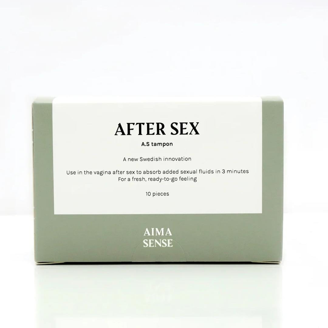 Produktbild på Aima Sense After Sex tampongförpackning mot vit bakgrund