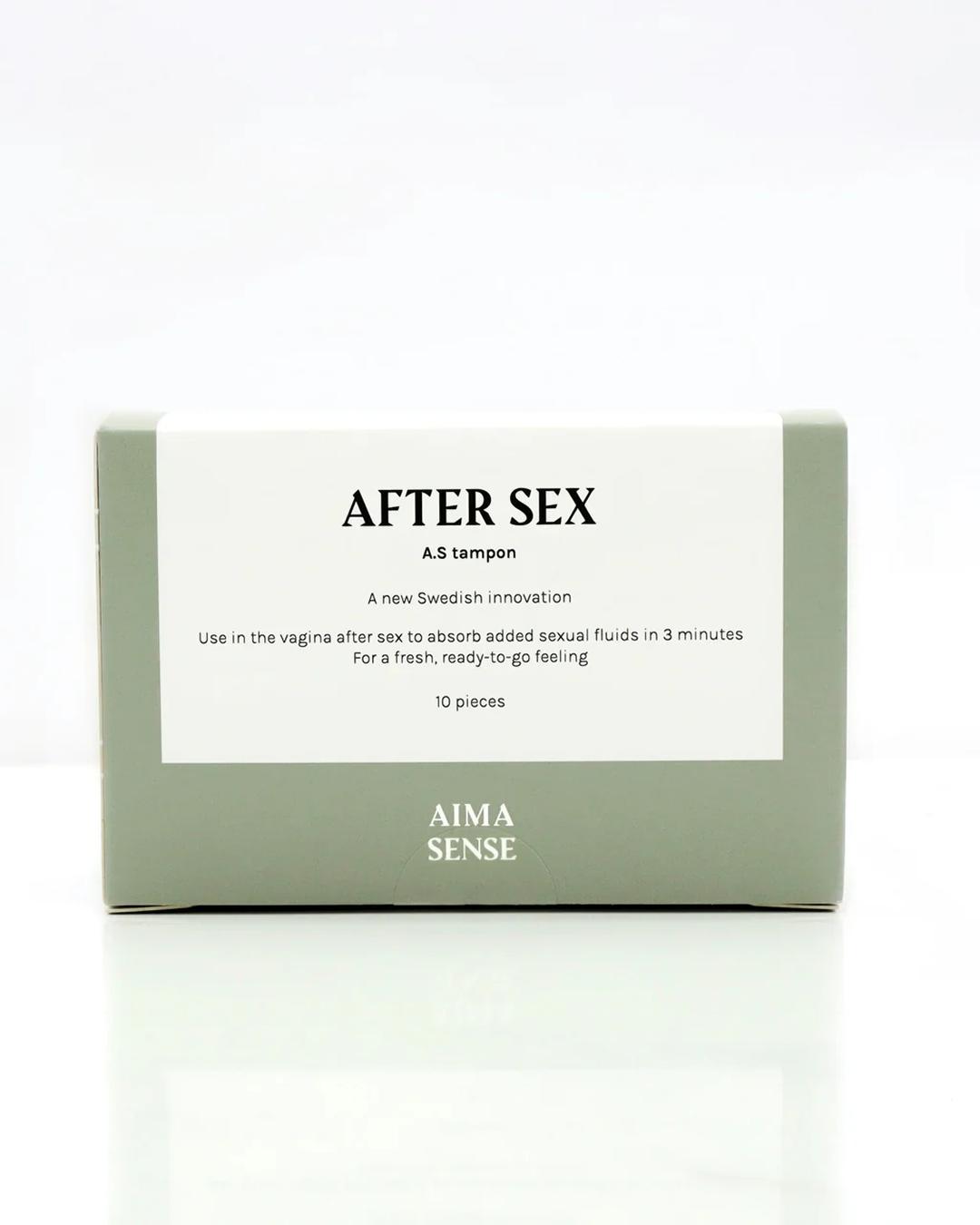 Produktbild på Aima Sense After Sex tampongförpackning mot vit bakgrund