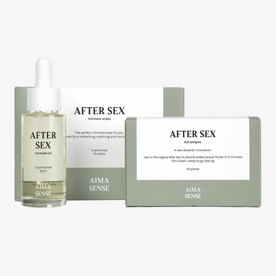 Aima Sense After Sex olja, wipes och tampong i ett komplett kit mot vit bakgrund
